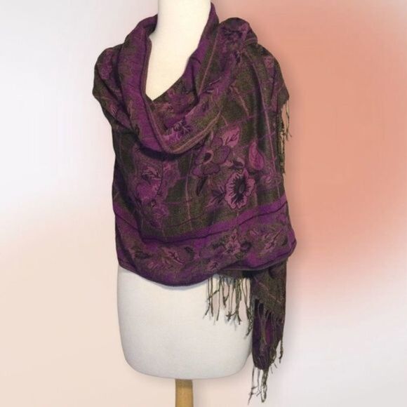 Purple Floral Fringed Pashmina Scarf Wrap - Picture 2 of 8